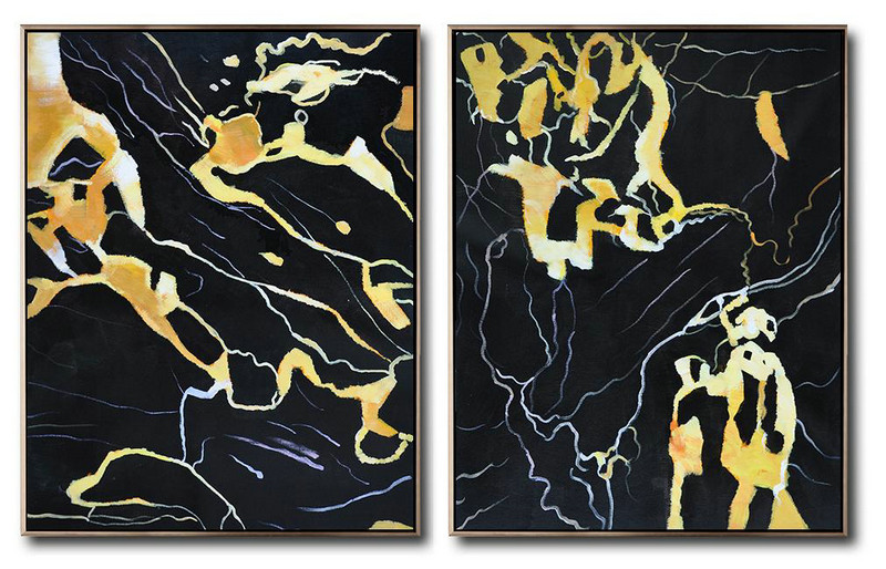 Set Of 2 Abstract Marble Painting On Canvas,Pop Art Canvas,Black,Orange,White